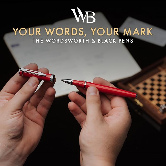 Wordsworth and Black Rollerball Pen - Luxury Pen - Chrome Finish, Red Lacquer, Ink Refill, Refillable, Gift for Men & Women, Professional Writing, Nice and Fancy Pens and for Work