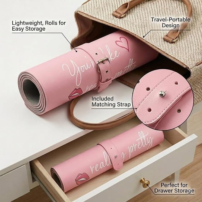 DOUDIZHU Makeup Mat for Vanity, Dual-Sided Vanity Top Protector Mat Waterproof Dressing Desk Makeup Table Cover Mat You're Like Really Pretty (Baby Pink/Silver, 23.6"x11.8")