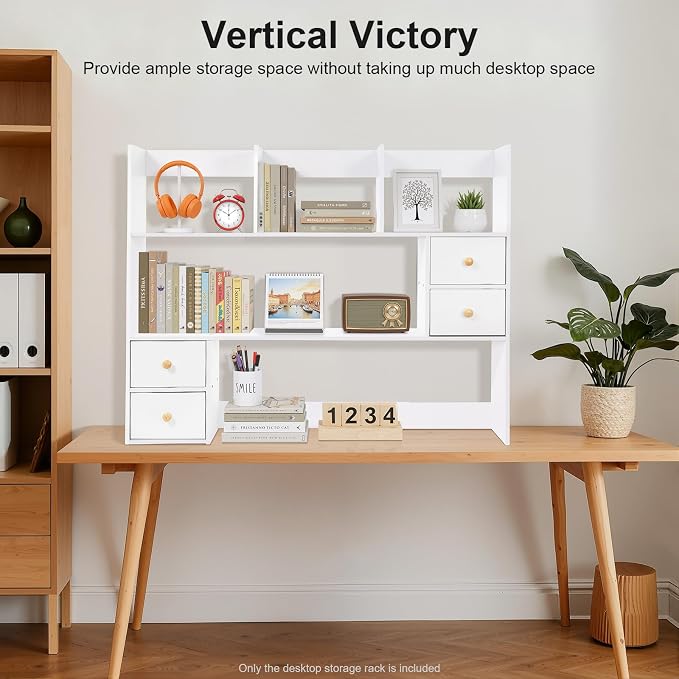 Desk Organizer, Desk Hutch White MDF PVC Veneer Desktop Storage Rack 4 Drawers 39.4×6.7×31.5in Modern Rectangular Office Tabletop Display Shelf