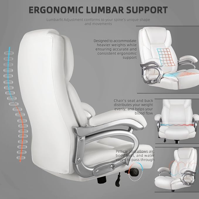 VITESSE 600lbs Heavy Duty Office Chair for Low Back Pain Relief, Big and Tall Office Chair with Ergonomic Lumbar Support, High Back Executive Chair with Quiet Rubber Wheel，White