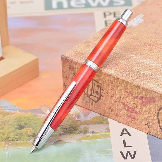 Jinhao 10 Press Fountain Pen with Box, Volcanic Red Retractable Fine Nib with Ink Converter Set (Silver Clip)