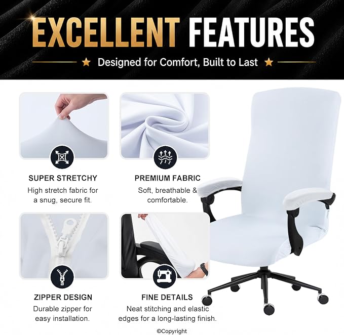 Stretch Computer Office Chair Cover with Armrest Covers Durable Zipper Universal Washable Removable Spandex Rotating Boss Chair Slipcovers Anti-dust Soft Desk Chair Seat Protector, White