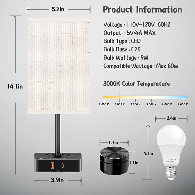 cozoo Bedside Table Lamp for Bedroom, 3 Way Dimmable & Remote Control Stepless Dimming Touch Nightstand Lamp, 2 USB Ports and 2 AC Outlets, Small Desk Light for Living Room, Bed, Study, Flaxen