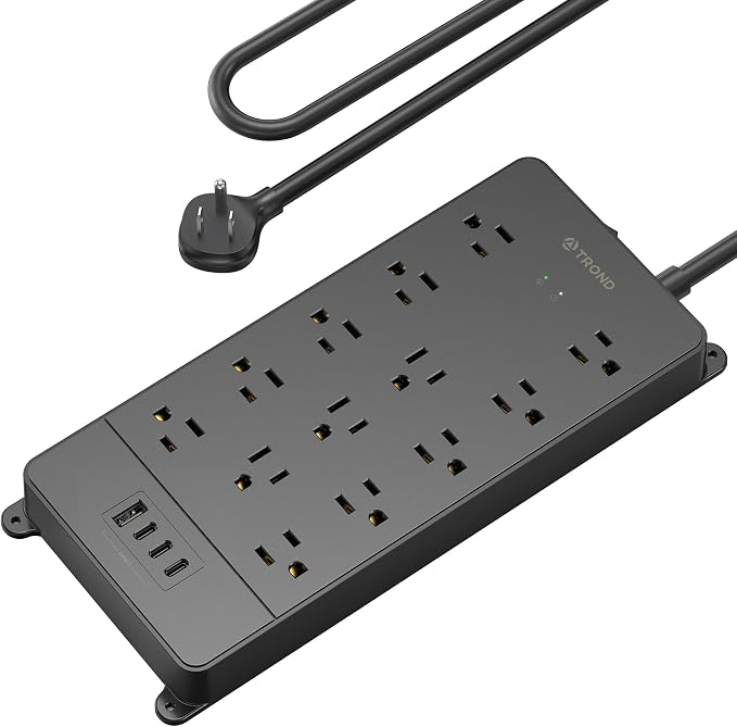TROND Surge Protector Power Strip, 4000 Joules, ETL Listed, 13 Widely-Spaced Outlets Expansion with USB C Ports, Low-Profile Flat Plug, Wall Mountable, 5ft Extension Cord, 14AWG Heavy Duty, Black