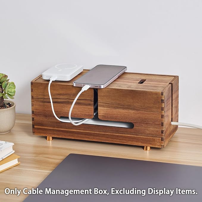 SARUFO Acacia Wood Cable Management Box - Wooden Cord Hider with 4 Metal Feet, Organizer for Desk & Floor, Power Strip TV Wire Concealer, Under Desk Storage for Office, Home Electrical Cables
