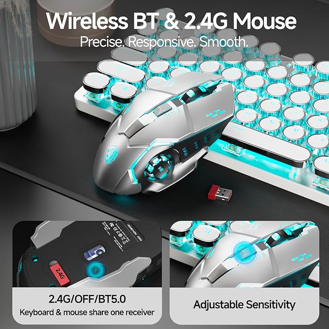 EWEADN TK950 Typewriter Mechanical Keyboard and Mouse, 104 Keys Aesthetic Typewriter Keyboard Mouse Combo with Blue Backlit, Anti-Ghosting, Blue Switch Bluetooth/2.4GHz/Wired Cute Keyboards-White
