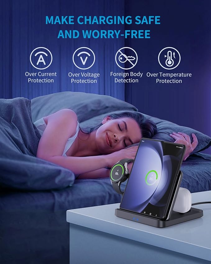 for Samsung Z Fold 6/5 Wireless Charger Station, 3 in 1 Foldable Fast Charging Stand Dock for Galaxy Z Fold 4，Flip 6/5, S23/S22, Note20/10 Ultra, Watch 6/5/Pro/4/3, Earbuds 2/2 Pro/Live