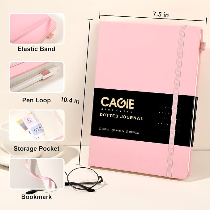 CAGIE Bullet Dotted Journal Notebook 320 Pages 100 GSM Paper Hardcover B5 Dot Grid Notebook Leather Journals for Writing Women Men Work Journaling, Pink