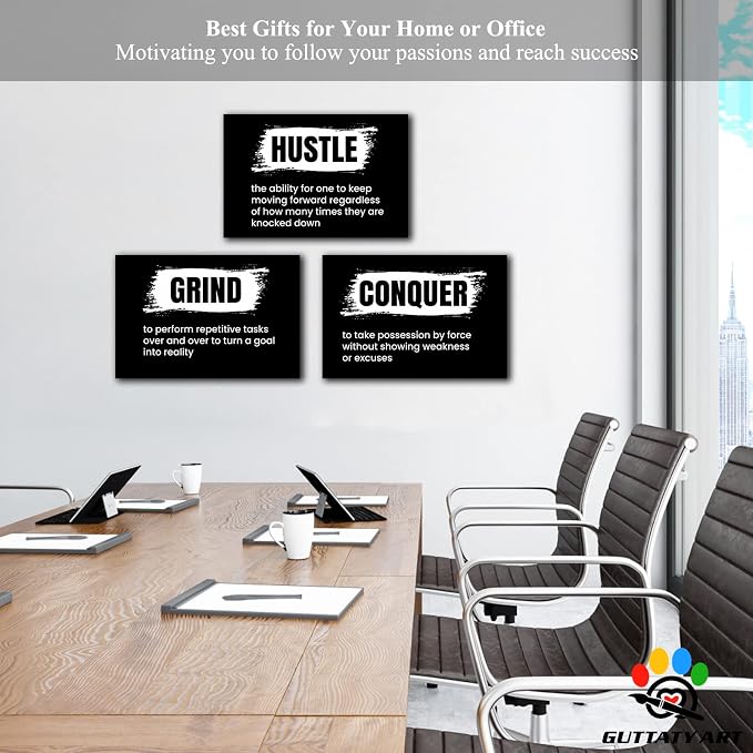 Office Wall Art - 3 Panel Motivational Wall Art, Inspirational Quotes Canvas Art for Home Office Wall Decor, Positive Quotes Wall Decor, Entrepreneur Grind Hustle Execution Poster Frame (16”x24”x3Pcs)