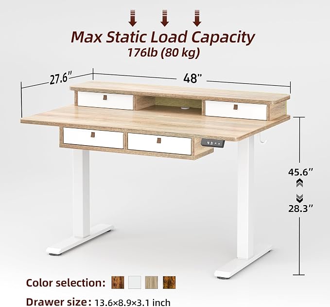 TIQLAB 48 * 28 Inch Standing Desk with Four Drawers, Electric Sit Stand Table, Stand Up Desk Adjustable Height with Storage Shelf, Splice Board, Maple