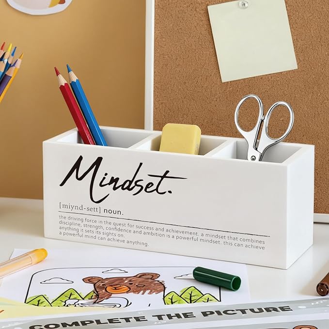 Mindset Definition Inspirational Pen Pencil Utensil Holder | Motivational Gifts for Women Men, Wood Desk Organizer and Accessories for Office Tabletop