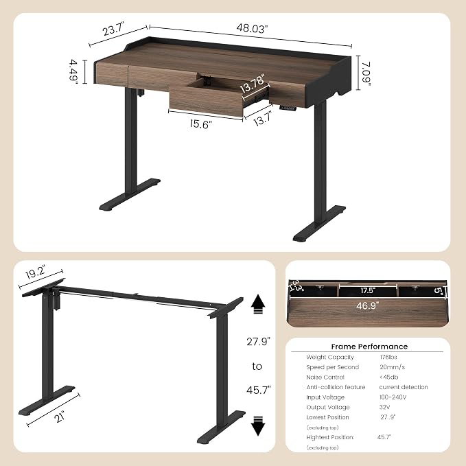 ModernMate Electric Standing Desk with Drawers, Hidden Cable Management | 48 x 24 Inches Height Adjustable Desk, Stand Up Table with Storage for Home Office, Black Walnut