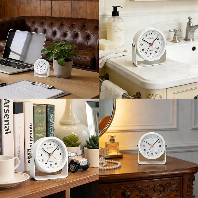 Lamisola 3.5 Inch Small Desk Battery Clock, White Alarm Clock for Bedroom | Travel Clock for Bathroom Table Shelf Bedside, Cute Metal Vintage
