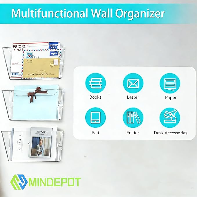 MINDEPOT 3 Pockets Acrylic Wall File Organizer Clear File Holder for Office