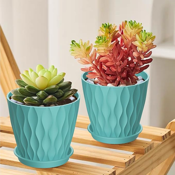 UOUZ 6 Pack 4 Inch Small Plant Pots with Saucers, Waffle Texture Plastic Planters with Drainage Holes for Indoor and Outdoor Plants, Flowers, Herbs, Succulents, and Seedlings, Blue