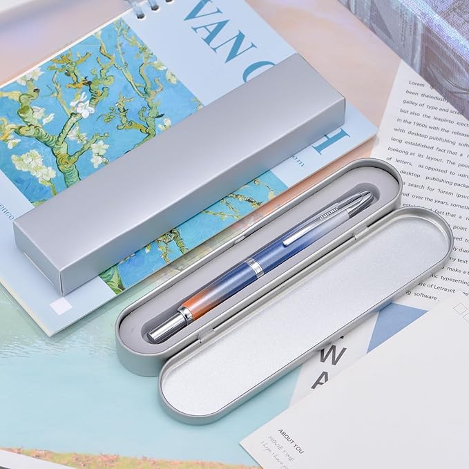 Jinhao 10 Press Fountain Pen with Box, Gradient Dark Blue Retractable Medium Nib with Ink Converter Set (Silver Clip)