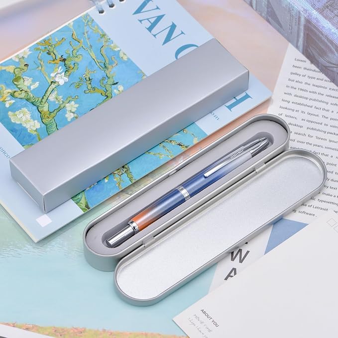 Jinhao 10 Press Fountain Pen with Box, Gradient Dark Blue Retractable Fine Nib with Ink Converter Set (Silver Clip)