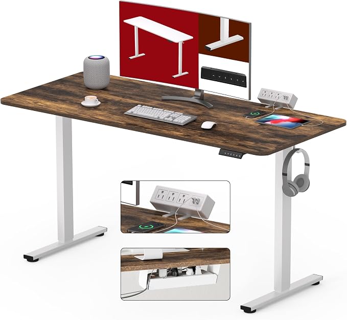 SANODESK Electric Standing Desk with Desk Clamp Power Strip 48"x 30" Whole-Piece Desktop Height Adjustable Stand Up Desk with Cable Management Sit Stand Home Office Desk White Frame/Rustic Brown Top