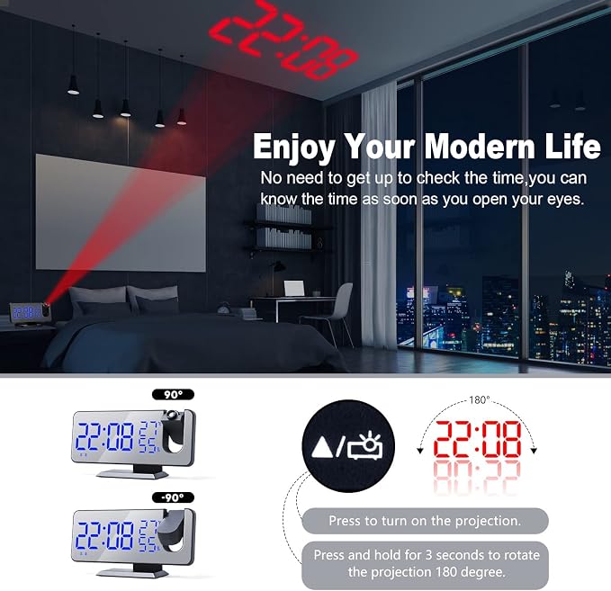 Projection Digital Alarm Clock for Bedrooms,Alarm Clock Radio on Ceiling, | USB Charger Port, Temperature & Humidity Display, 7.3” Large Mirror LED Display,12/24H,Snooze,Dual Loud Clock- 4 Dimmer