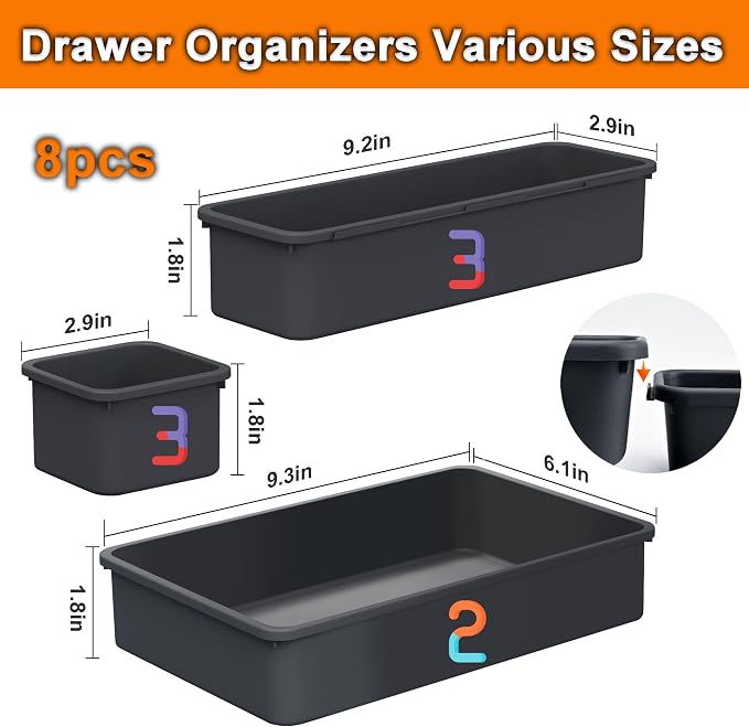 QUELIEN Desk Drawer Organizer Tray Set, 8PCS Plastic Drawer Organizer Bins for Office, Makeup, Kitchen - Gray Blue Desk Organizer with Flexible Interlocking Design for Efficient (Gray Blue, 8PCS)