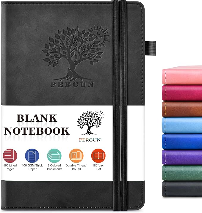 PERCUN Blank Journal Ntebook for Men & Women, 160 Pages Leather Journals for Writing, Drawing Sketch Book,5.9" x 8.5" Hardcover Sketchbook, Unlined Notebooks for Work, School, Art (Black)