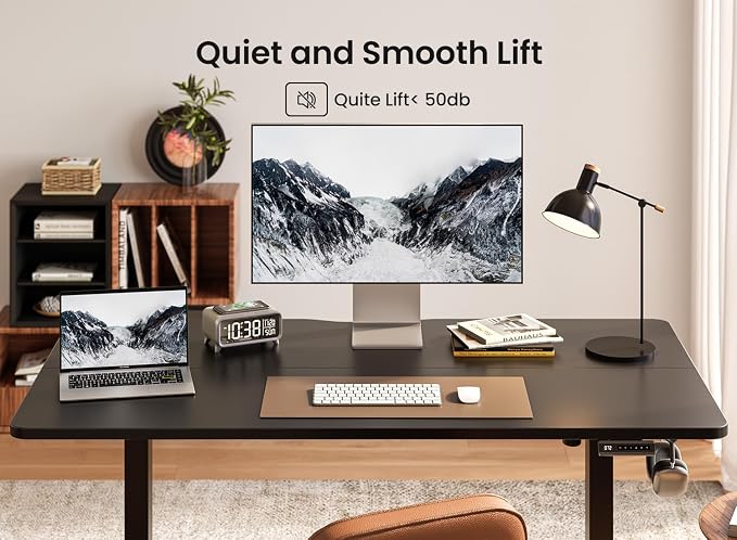 BANTI 63 × 28 Inches Standing Desk, Ergonomic, Electric Height Adjustable, Sit and Stand Up, Computer Desk with a Deeper Desktop, Black Frame/Black Top