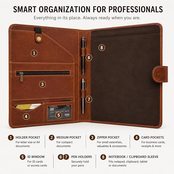 Leather Portfolio Padfolio Organizer – Professional Resume & Interview Portfolio Folder with Zipper Pocket, Card Slots & Pen Holders – Genuine Leather Business Portfolio Binder for Documents