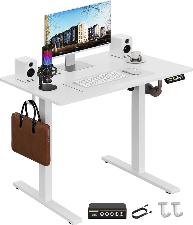 35 x 24 Inch Height Adjustable Standing Desk, 3 Presets, White | 35 x 24 in Desktop, 28.3–46.5 in Height, 2+3 Controls, ≤45 dB, 154 lb Capacity, 2 Hooks