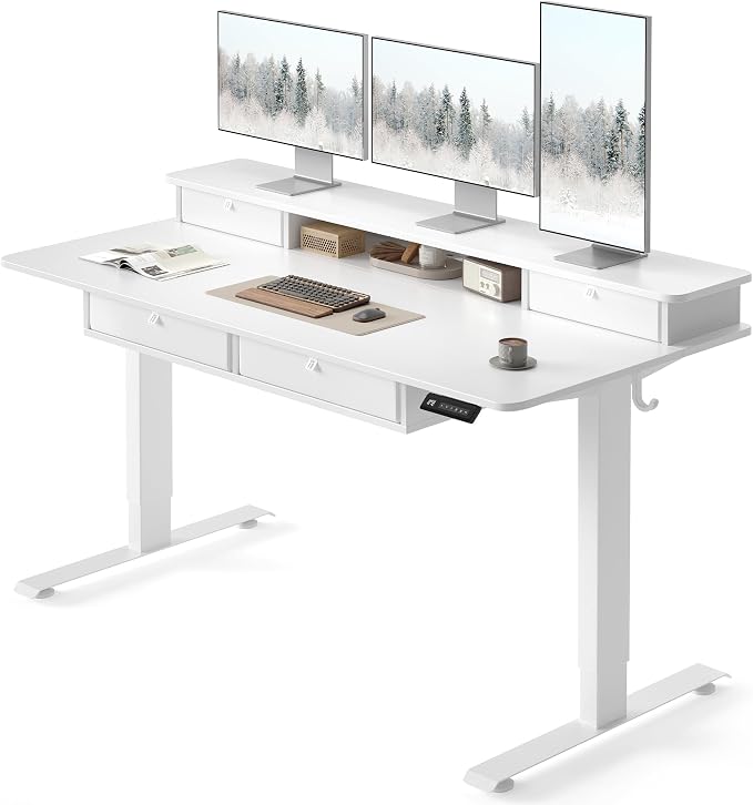 FEZIBO 60 x 30 inch Standing Desk with Drawers, Height Adjustable Electric Workstation, Computer Sit Stand Up Table with Large Storage Shelf 4 Drawers and 2 Hooks, White