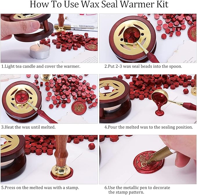 SWANGSA Sealing Wax Kit, 1450pcs Sealing Wax Beads Metallic Red, Wax Seal Warmer, Wax Spoon, Gold Wax Seal Pen and Tealight Candles for Wax Stamp Letter Sealing