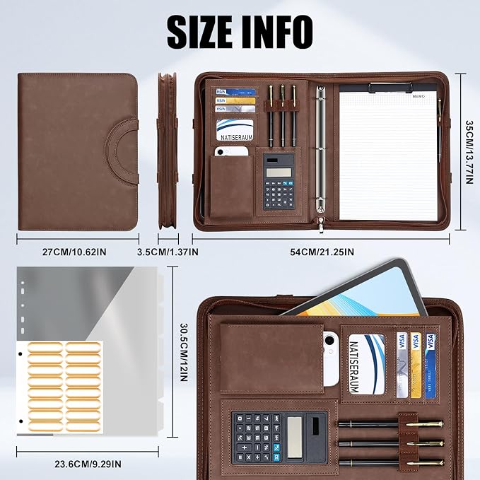 Portfolio Binder - 3 Ring Binder with Magnetic Handle, Vegan Leather Business Padfolio Folder with Notepad, Includes 5 Dividers with 10 Pockets for Documents Files