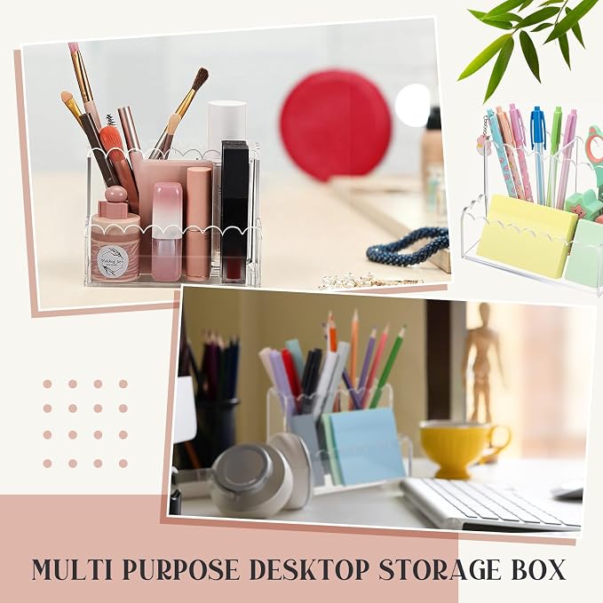 Scalloped Acrylic Pencil Holder for Desk, Clear Pen Organizer with 3 Compartments, Marker Makeup Brush Holder Remote Caddy for Home, Office, Bathroom, Classroom, Table