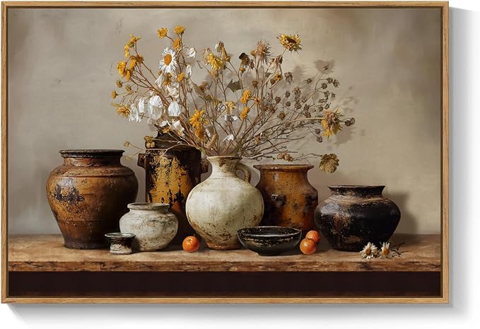 Framed Vintage Floral Pottery Kitchen Wall Art, Farmhouse Rustic Still Life Neutral Canvas Artwork for Walls, Retro Vase Flower Painting Print for Dining Room Bedroom Living Room Wall Decor, 36x24 In