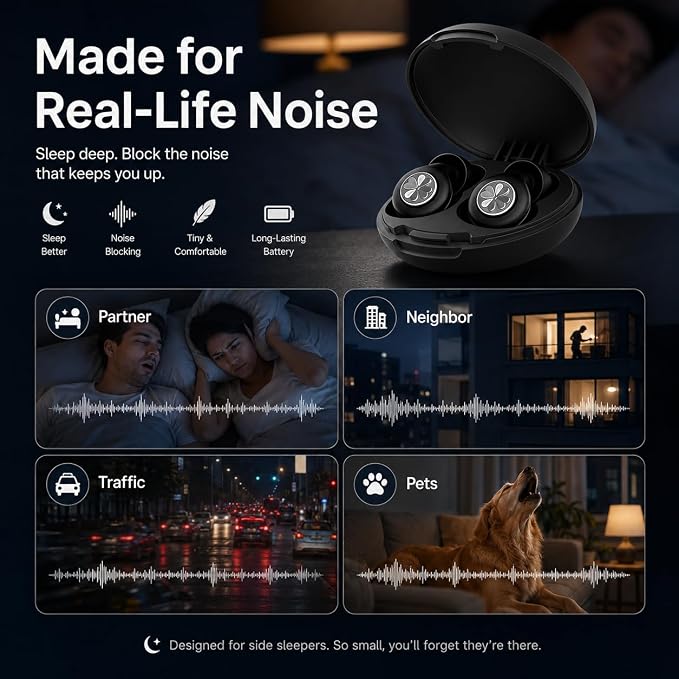 45dB Ear Plugs for Sleeping, Soft Silicone for Side Sleepers, 4 Sizes | Reusable soft silicone with XS/S/M/L sizes for side sleepers, concerts, flights and hotels; carrying case included.