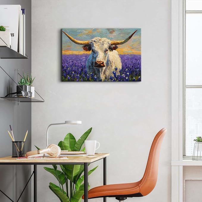 Vintage Cow Canvas Wall Art Farmhouse Wildflower Paintings Wall Decor for Living Room Rustic Texas Longhorns Cattle Canvas Prints Watercolor Animal Posters Artwork Nursery Bedroom Decorations 16x24"