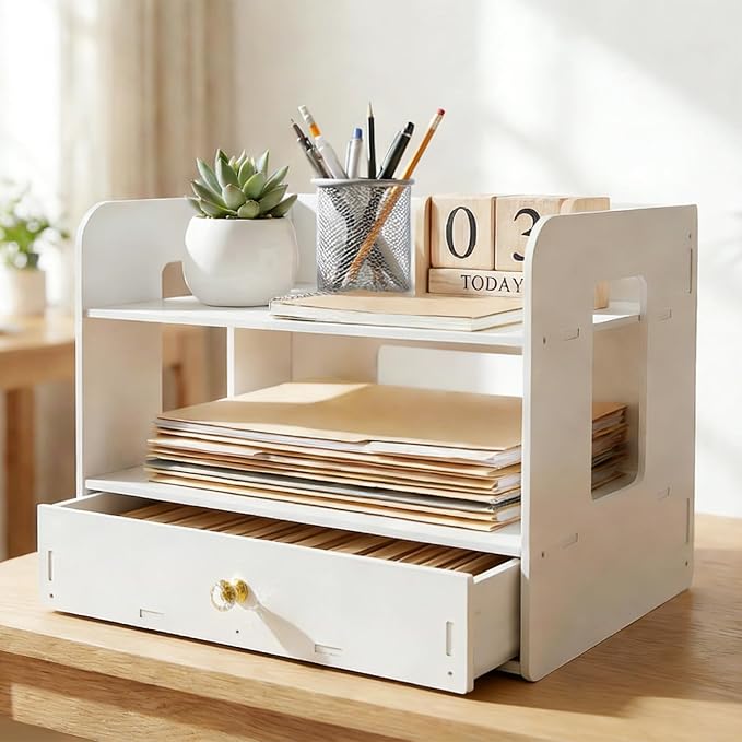 Desk Organizer, 2-Tier File Organizer for Desk with Drawer, Letter Tray Paper, Desktop Document Sorter for Letter, File Folder Holder for Office, Home or School- White MLT002W2