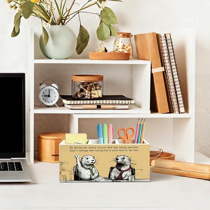 Funny Otter Pen Pencil Holder for Desk, Otter Gifts for Women Men, Office Humor Gifts for Coworkers Wooden Box Sign Organizer for Office Workplace Desk Accessories Tabletop Decorations
