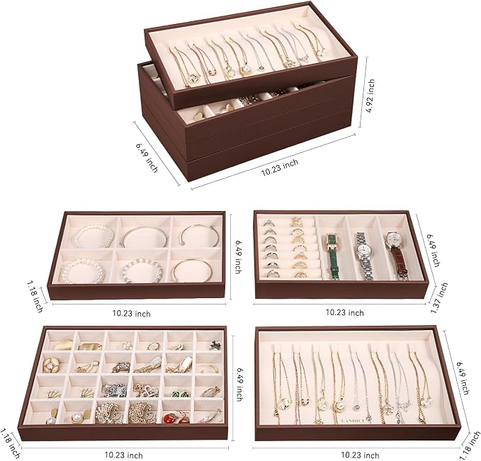 LANDICI Stackable Jewelry Organizer Trays 4 Set,PU Leather Jewelry Organizer Drawer,Jewelry Storage Display Tray for Earring Necklace Rings Bracelet with Removable Dividers,Coffee