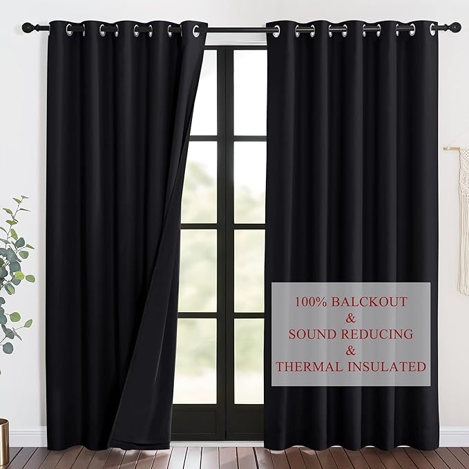 NICETOWN Sound Blocking and Heavy-Duty Space Divider Curtains for Living Room, Lined Insert Noise - Blackout - Thermal Insulation Curtains for Room Divider/Space Solutions (Black, 84 inches Long)