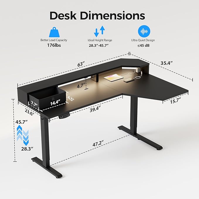 Agilestic 63 Inch L Shaped Electric Standing Desk with Shelf, Height Adjustable Large Desk with Power Outlets & LED, Corner Sit Stand Up Table with Monitor Stand, Computer Workstation, Black