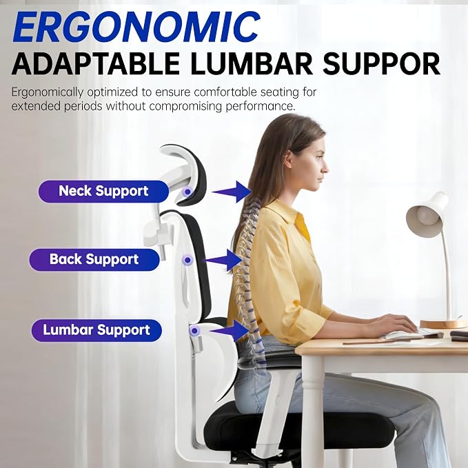 Ergonomic Office Chair, High Back Mesh Computer Chair with Comfortable Adaptive Lumbar Support, Built-in Coat Hanger, SGS Class 4 Gas Lift, Heavy Duty 300lbs for Long Hours Home Office