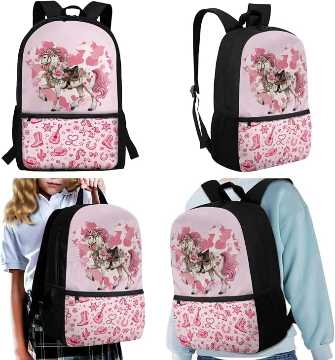 WELLFLYHOM Kids Western Horse School Backpack Elementary Book Bag for Girls | Cowgirl Pink Back Pack with Lunch Bag Pencil Case Water Bottle Cover Kids Daycare Bag Gift for Back to School Season