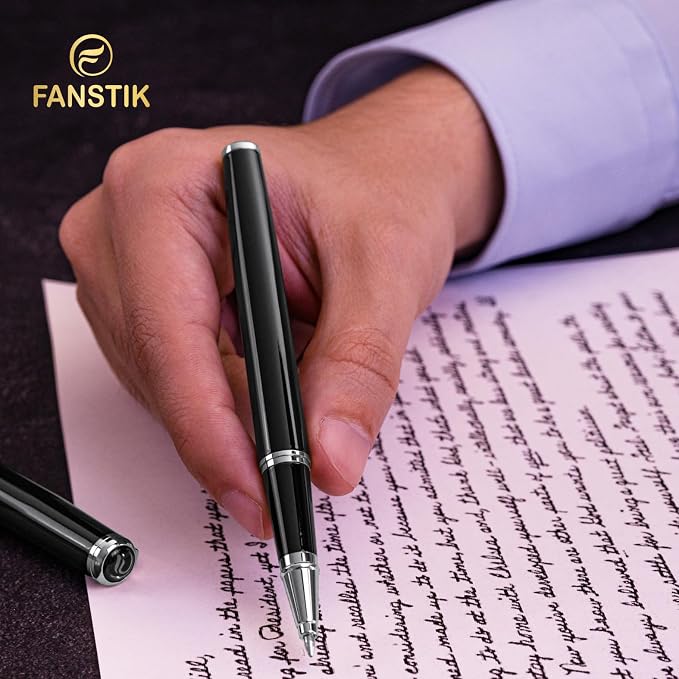 FANSTIK Black & Silver Luxury Rollerball pen, fancy gift set for women, Chrome Finish, Professional executive pen gift set for men (Lux Rollerball Black-Silver)