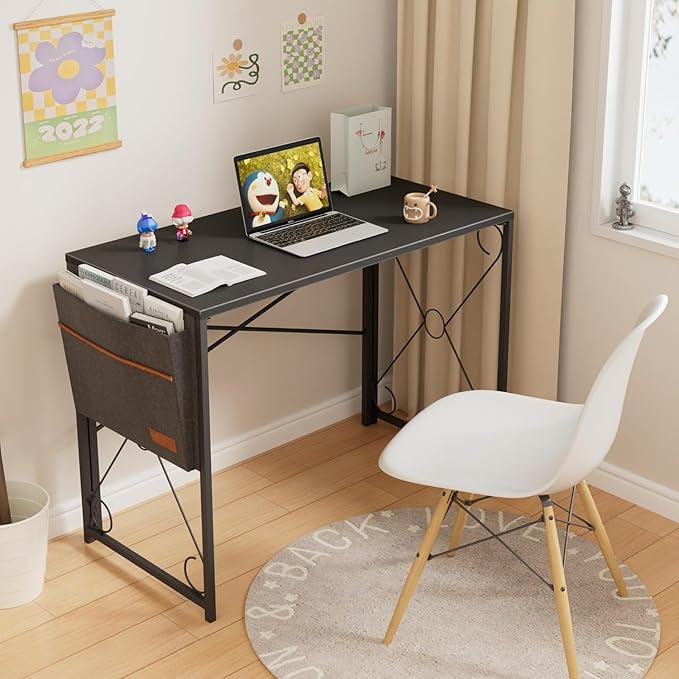 VECELO 39 Inch Folding Desk Simple Assembly, Writing Computer Desk for Home Office Study Office Foldable Table for Small Spaces,Classic Black