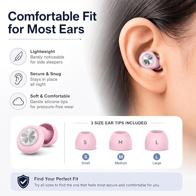 45dB Ear Plugs for Sleeping, Soft Silicone for Side Sleepers, 4 Sizes | Reusable soft silicone with XS/S/M/L sizes for side sleepers, concerts, flights and hotels; carrying case included.
