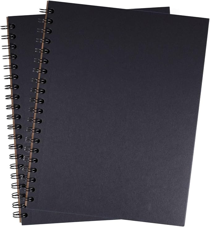 Blackout Blank Spiral Notebook/Journal, 55 Sheets of Premium 70lb Black Paper, 10.5" x 8", Recycled and Sustainable, Toned Sketchbook for Visual Notetaking, Pack of 2