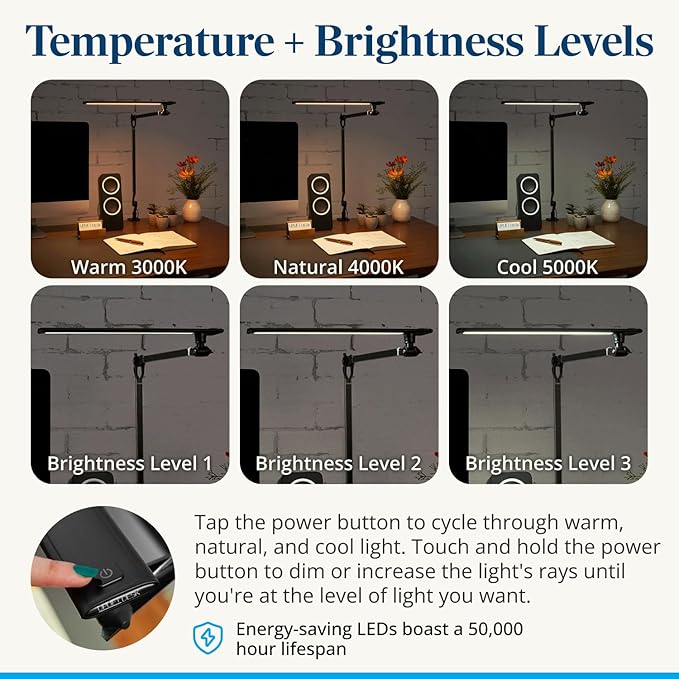 UPLIFT DESK E7 LED Desk Lamp - Adjustable 3 Color Modes, Dimmable Home Office Desk Light for Standing Desk, Dual Monitors, Aluminum Task Lamp (Silver Base)