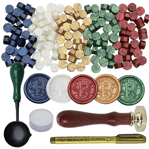 Initial Alphabet Wax Seal Stamp Kit, Retro Letter P Sealing Stamp with 150Pcs Sealing Wax Beads Spoon Pen Set for Wedding Invitations Cards Envelopes (P)