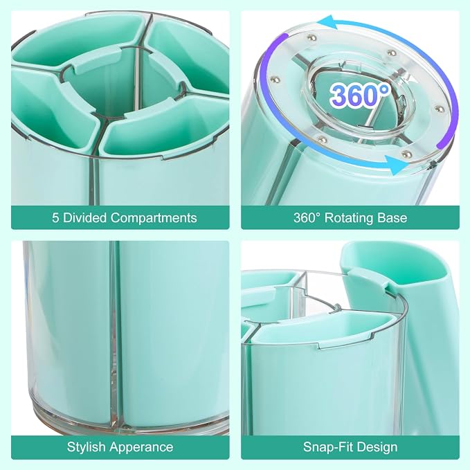 Comix 360° Rotating Pen Holder for Desk, Green Pencil Holder with 5 Slots | Expandable Capacity, Acrylic Pen Organizer Easy to Clean, Cute Pencil Cup for Home School Office Art Supplies