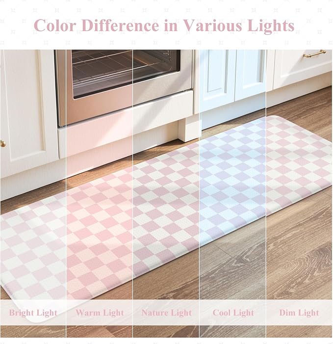 KIMODE Kitchen Anti Fatigue Mats, Light Pink Checkered Home Decor Carpet | Geometric Kitchen Rugs Sets of 2,Padded Kitchen Mats for Floor,Cushioned Rugs for Kithcen Floor Sink Laundry 17"x47"+17"x29"